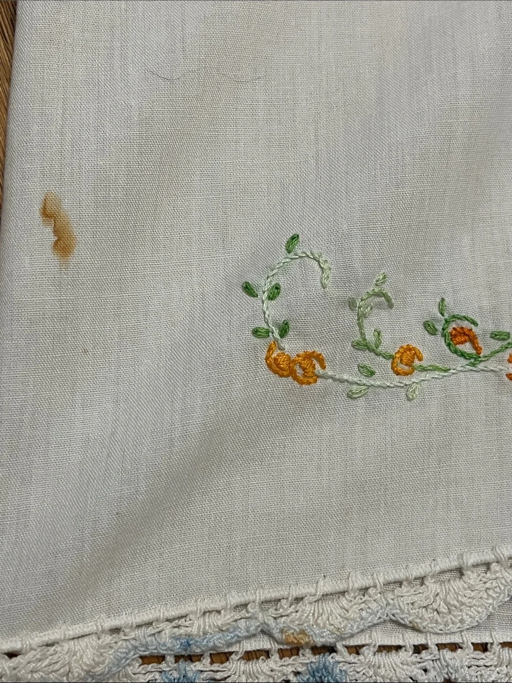 Vtg Embroidered White Cotton Pillowcases with Blue Floral Medallion